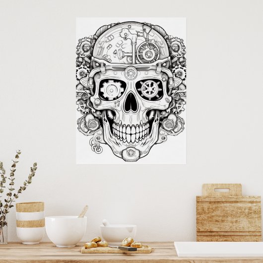 Sugar Skull Image Black + White on a Wall ポスター (キッチン)