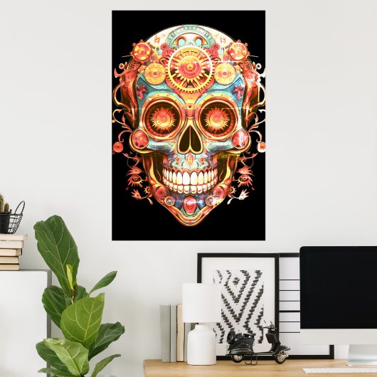 Sugar Skull Images Bright Smiling Guy on a Wall ポスター (ホームオフィス)