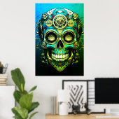 Sugar Skull Images Cool Green + Blue Guy on a Wall ポスター (ホームオフィス)