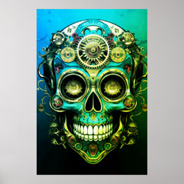 Sugar Skull Images Cool Green + Blue Guy on a Wall ポスター