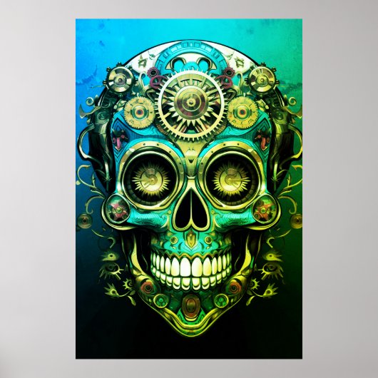 Sugar Skull Images Cool Green + Blue Guy on a Wall ポスター (正面)