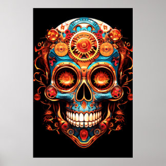 Sugar Skull Images Dark Blue Smiling Guy on a Wall ポスター