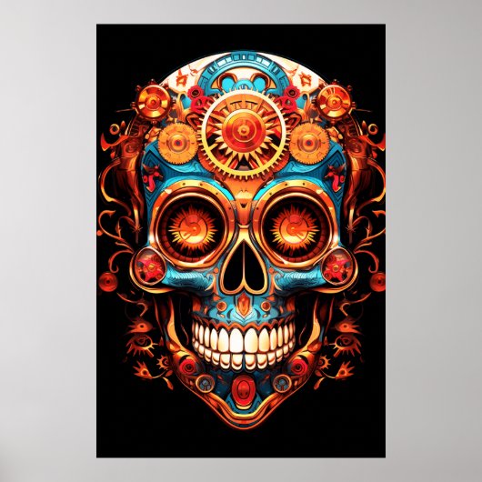 Sugar Skull Images Dark Blue Smiling Guy on a Wall ポスター (正面)