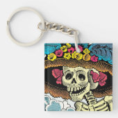 Sugar Skull Lady in Floral Sun Hat Pop Art Graphic キーホルダー (正面)