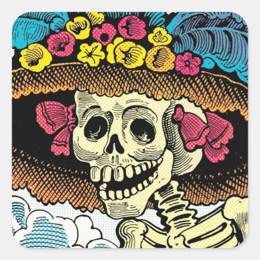 Sugar Skull Lady in Floral Sun Hat Pop Art Graphic スクエアシール (正面)