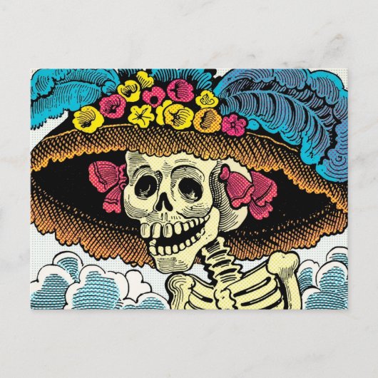 Sugar Skull Lady in Floral Sun Hat Pop Art Graphic ポストカード (正面)