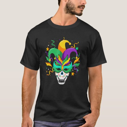 Sugar Skull Mask Jester Hat Mardi Gras Carnival Ne Tシャツ (正面)