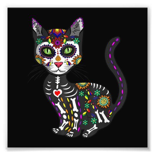 Sugar Skull Mexican Cat Halloween Day Of The Dead フォトプリント (正面)