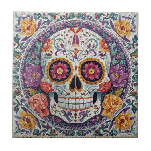 Sugar Skull Mosaic Day Of The Dead Ceramic Tile タイル (正面)