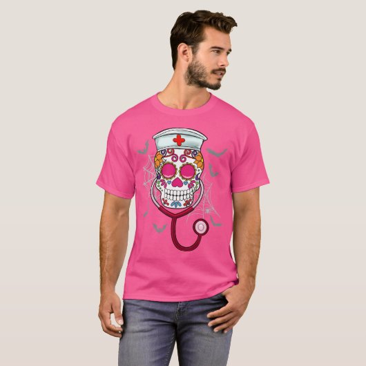 Sugar Skull Nurse Stethoscope Day Of Dead Dia De L Tシャツ (正面フル)