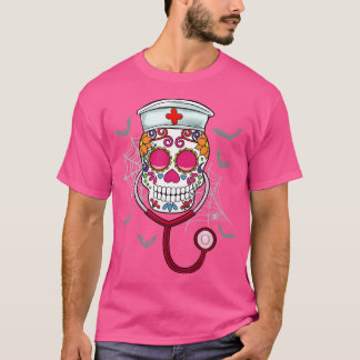 Sugar Skull Nurse Stethoscope Day Of Dead Dia De L Tシャツ
