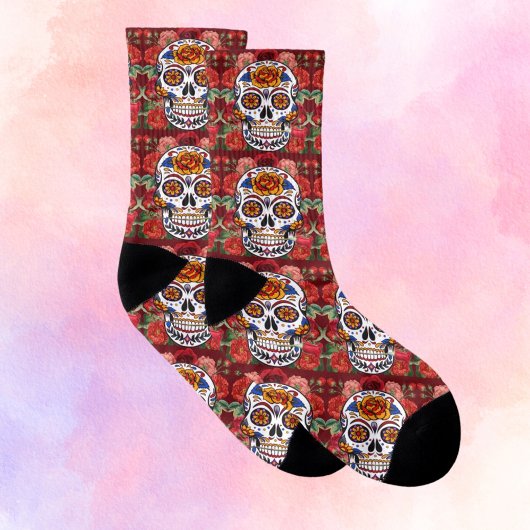 Sugar Skull Pink Red Roses Holidays Unisex ソックス