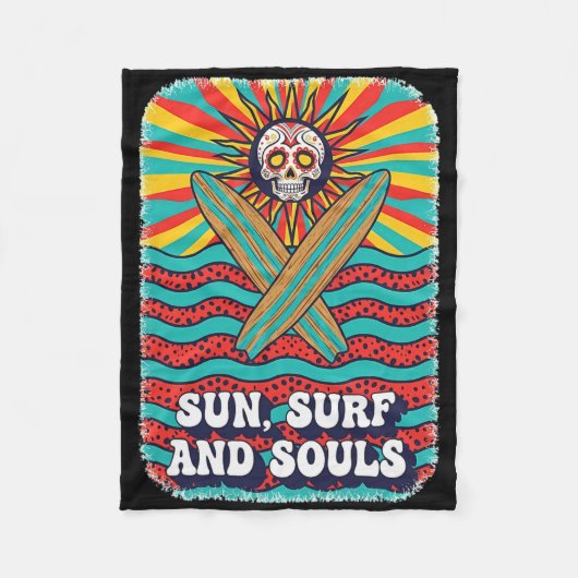 Sugar Skull Psychedelic Sun Retro Surf Ocean Waves フリースブランケット (正面)