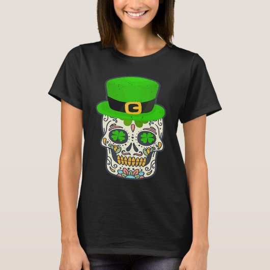 Sugar Skull Saint Patricks Day Of Dead Lucky Hallo Tシャツ (正面)