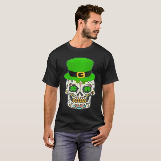 Sugar Skull Saint Patricks Day Of Dead Lucky Hallo Tシャツ (正面フル)