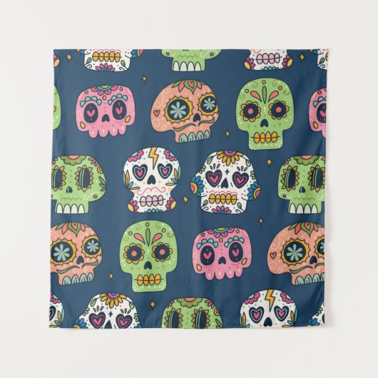 sugar skull seamless pattern vintage illustration タペストリー (正面)