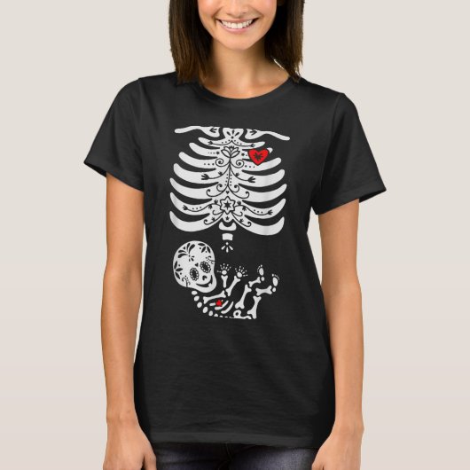 Sugar Skull Skeleton Halloween Pregnancy Annouceme Tシャツ (正面)