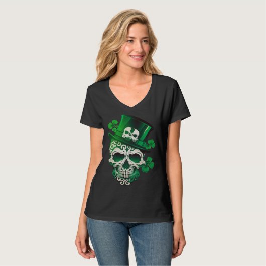 Sugar Skull St Patricks Day Irish Skull Leprechaun Tシャツ (正面フル)
