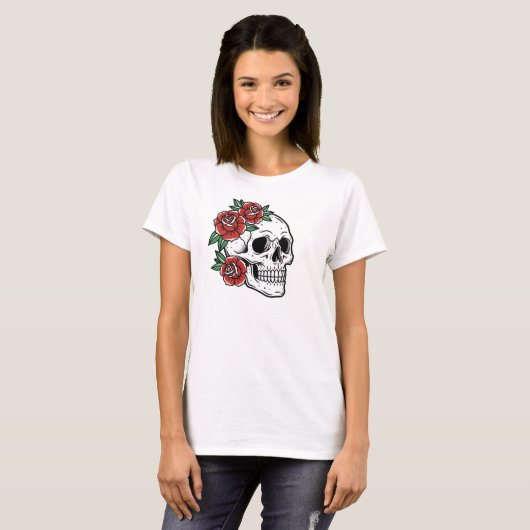 Sugar Skull with Red Roses Poster Tシャツ (正面フル)