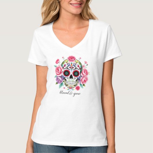 Sugar Skull With Watercolor Roses Art Tシャツ (正面)