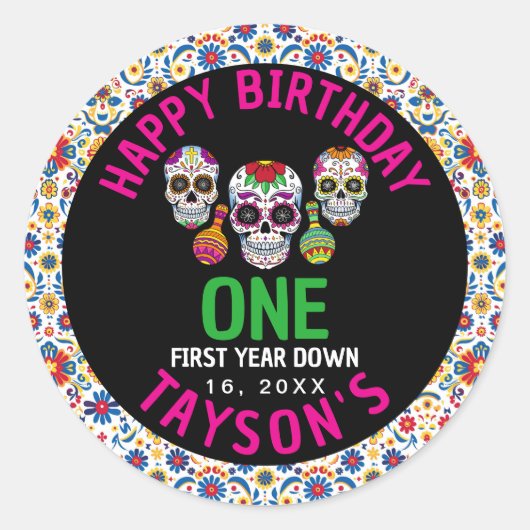 Sugar Skulls Day 1st Birthday Party Colorful Día ラウンドシール (正面)
