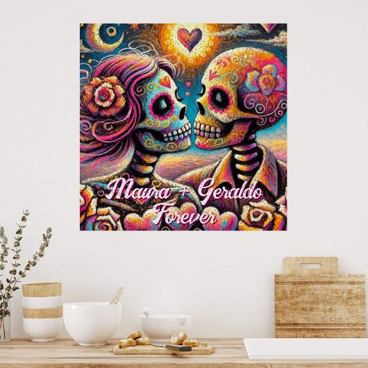 Sugar Skulls in Love Chalk Pastel Personalized ポスター (キッチン)