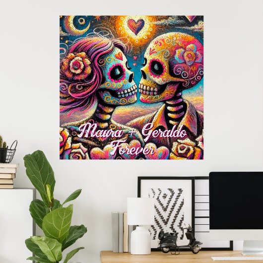 Sugar Skulls in Love Chalk Pastel Personalized ポスター (ホームオフィス)