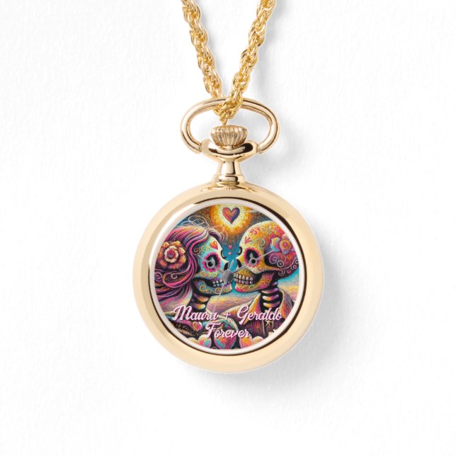 Sugar Skulls in Love Chalk Pastel Personalized 腕時計 (正面)