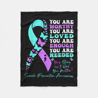 Suicide Prevention Awareness Teal Purple Ribbon Bu フリースブランケット