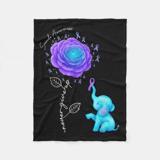 Suicide Prevention Teal Purple Flower Elephant Rib フリースブランケット (正面)