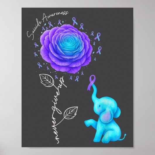 Suicide Prevention Teal Purple Flower Elephant Rib ポスター (正面)