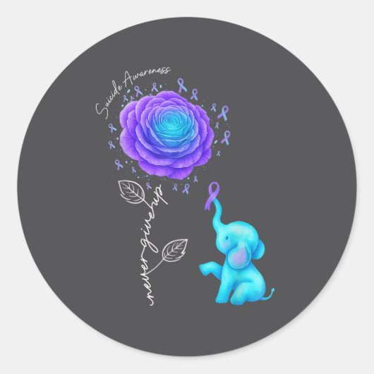 Suicide Prevention Teal Purple Flower Elephant Rib ラウンドシール (正面)