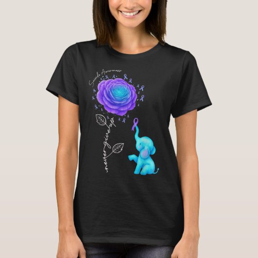 Suicide Prevention Teal Purple Flower Elephant Rib Tシャツ (正面)