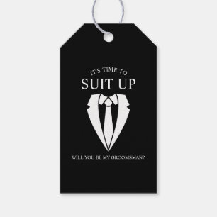 「SUIT UP」ブラックスーツとタイのグロムスマン提案 ギフトタグ