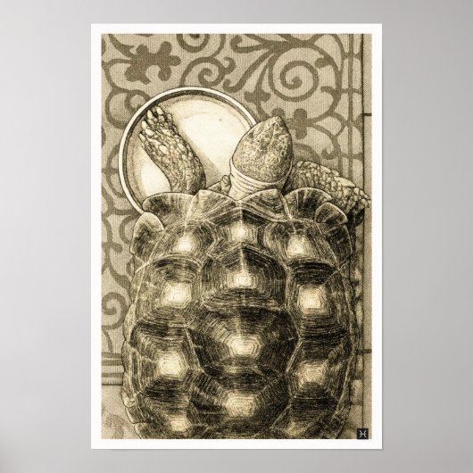 Sulcata Tortoise Art Nouveau Ink Sepia drawing ポスター (正面)