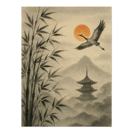 Sumi-e Crane Bamboo Poster | Traditional Japanese ポスター (正面)