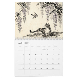 Sumi-e Hanafuda Cats – 日本の壁掛けカレンダー12ヶ月 カレンダー