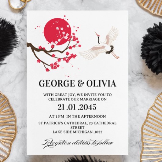  Sumi-e Style Japanese Cherry Blossom Wedding 招待状