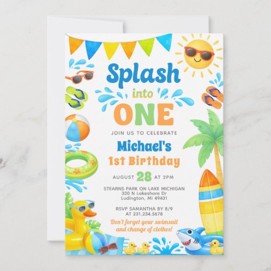 Summer 1st Birthday Invitation - Splash into One 招待状 (正面)