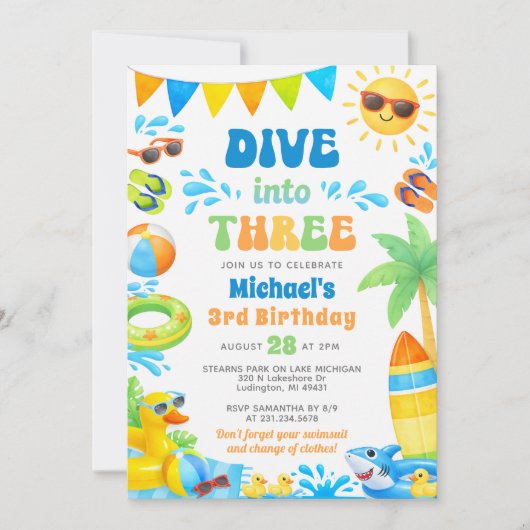 Summer 3rd Birthday Invitation - Dive into Three 招待状 (正面)