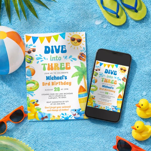 Summer 3rd Birthday Invitation - Dive into Three 招待状