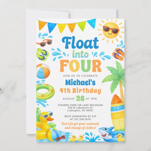 Summer 4th Birthday Invitation - Float into Four 招待状 (正面)