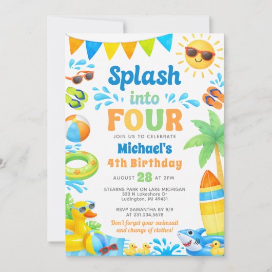 Summer 4th Birthday Invitation - Splash into Four 招待状 (正面)
