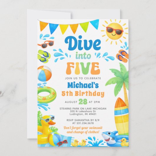 Summer 5th Birthday Invitation - Dive into Five 招待状 (正面)