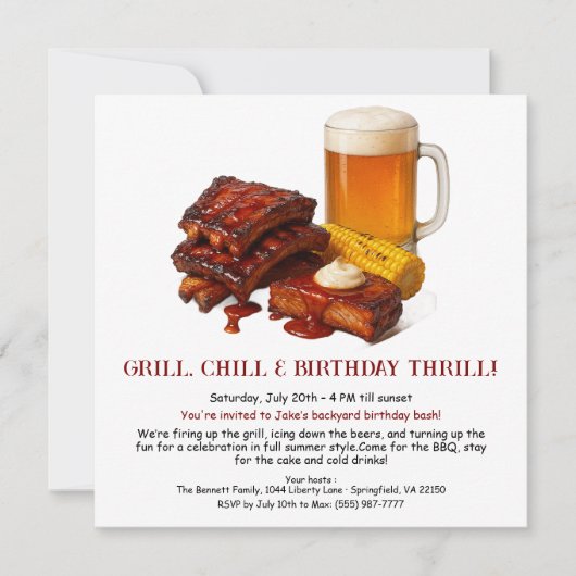Summer BBQ Birthday Invitation with Beer Backyard  シーズンカード (正面)