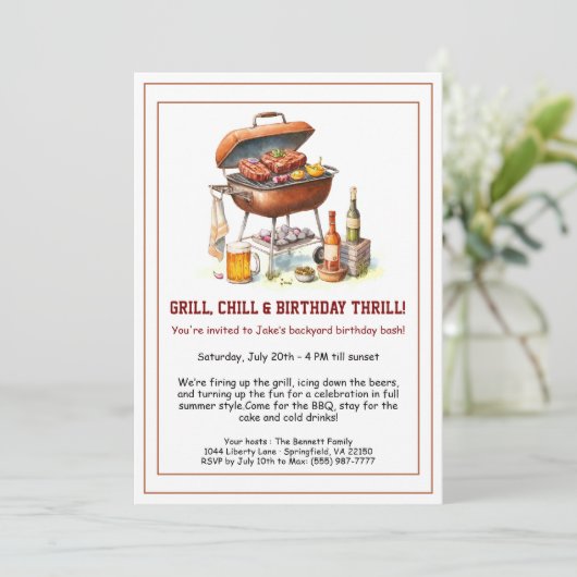 Summer BBQ Birthday Invitation with Beer Backyard  招待状 (スタンド正面)