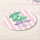 Summer Beach Club Pink Stripes Birthday Party ラウンドペーパーコースター (アングル)