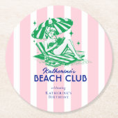 Summer Beach Club Pink Stripes Birthday Party ラウンドペーパーコースター (正面)