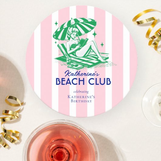 Summer Beach Club Pink Stripes Birthday Party ラウンドペーパーコースター
