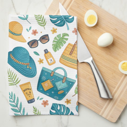 Summer Beach Essentials Pattern (1) キッチンタオル (四つ折り)